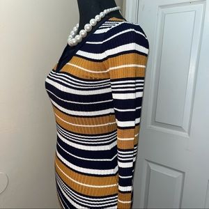 No Boundaries Long Sleeve Striped Gold & Navy Blue Fitted Mini Sweater Dress